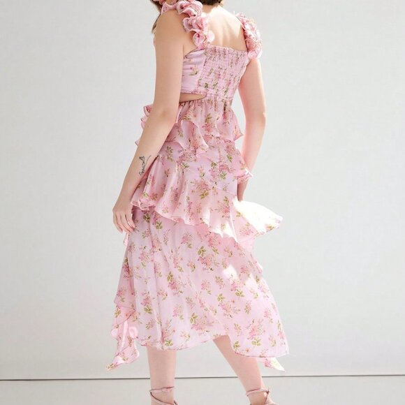 Pink Boho Women's Floral Print Cut Out Ruffle Hem Asymmetrical Flowy Dress - Picture 2 of 5